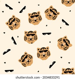 Vector hand-drawn seamless repeating color childish pattern with cute tigers in Scandinavian style. Print with wild animals. Jungle. Kids backgrounds