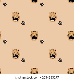Vector hand-drawn seamless repeating color childish pattern with cute tigers in Scandinavian style. Print with wild animals. Jungle. Kids backgrounds