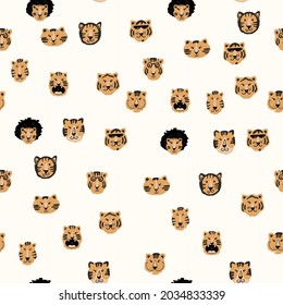 Patrón infantil de color repitiendo sin fisuras, con tigres adorables al estilo escandinavo. Imprimir con animales salvajes. Jungla. Fondos para niños