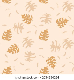 Vector hand-drawn seamless repeating color childish pattern with exotic leaves in Scandinavian style. Print with tiger elements. Jungle. Kids backgrounds