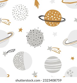 Vector hand-drawn seamless repeating color simple flat pattern with different planets on a white background. Seamless pattern with planets. Space. Mars, Saturn, the moon. Asteroid, meteorite, comet.
