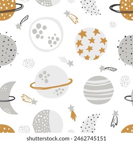 Vector hand-drawn seamless repeating color simple flat pattern with different planets on a white background. Seamless pattern with planets. Space. Mars, Saturn, the moon. Asteroid, meteorite, comet.
