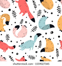 Vector hand-drawn seamless repeating cute colored childish pattern with multicolored foxes, leaves and circles in the Scandinavian style on a white background. Seamless pattern with foxes.