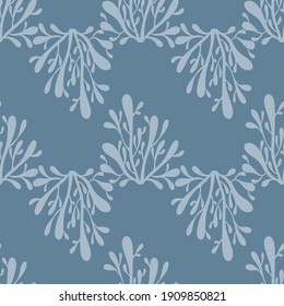 Vector hand-drawn seamless repeating pattern with plants on a blue background. Texture for fabric, wallpaper, textile, apparel.