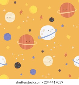 Vector hand-drawn seamless repeating pattern with planets 