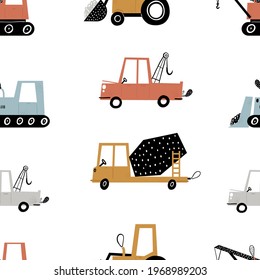 Vector hand-drawn seamless repeating simple children pattern with cars in Scandinavian style on a white background. Kids seamless pattern with building equipment. Funny construction transport