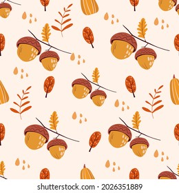 Vector hand-drawn seamless repeating simple pattern with hand drawn acorns, leaves and raindrops. Vector Illustration for fabric, print, textile, wrappert, wrapping, background. Autumn time.