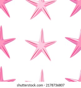 Vector hand-drawn seamless repeating simple pattern with pink starfish on a white background. Vector background with marine theme. Pink starfish on a pattern for textile, wallpaper, background. Sea.