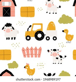 Vector hand-drawn seamless simple childish pattern with cute farm animals. Farm pattern. Cute landscape background. Trendy Scandinavian vector background perfect for kids apparel, fabric, textile