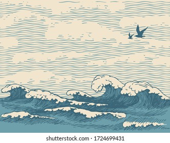 Vector hand  drawn seascape in retro style and waves  seagulls   clouds in the sky  Decorative illustration the sea ocean  water waves the old paper background