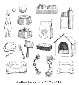 Vector hand-drawn set of accessories and equipment for dogs. Sketch of food, house, shampoo, toys, hairbrush, collar bed and leash for pet. 
