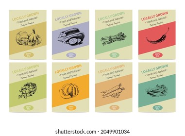 Vector hand-drawn set of agricultural banners. An environmentally friendly food product. Vintage illustration. A hand-drawn sketch.