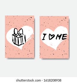 Vector handdrawn set of anti valentine's day cards. Funny brush lettering "i love me" and "gift with bow" on white heart on pink background. 