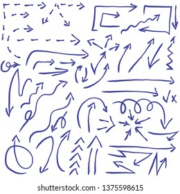 vector handdrawn set of vector arrows in doodle style made with brushes, markers, ballpoint pen and pencil