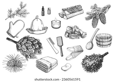 Vector hand-drawn set of bathroom accessories. Collection of black and white sketches with hat, firewood, basin, stones and other objects for Russian bathhouse or Finnish sauna. 