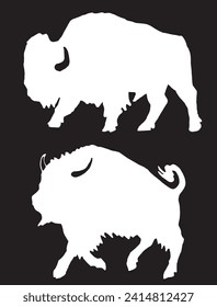 Vector hand-drawn set of bisons on black , graphical illustration	
