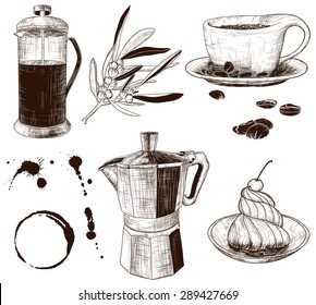 Vector Hand-drawn set of cafe items