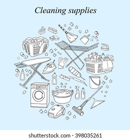 Vector hand-drawn set of cleaning tools. Cleaning service. Cleaning supplies. Doodle illustration. Cleaning products