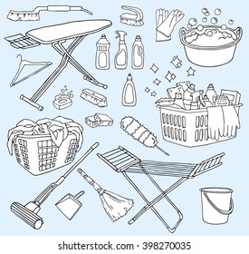 Vector hand-drawn set of cleaning tools. Cleaning service. Cleaning supplies. Doodle illustration. Cleaning products