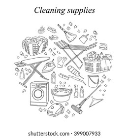 Vector hand-drawn set of cleaning tools. Cleaning service. Cleaning supplies. Doodle illustration. Cleaning products