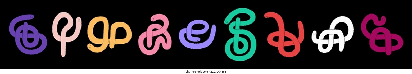 Vector hand-drawn set with colorful cartoon funny intertwined worms. All elements isolated.