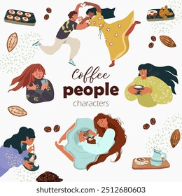 Vector hand-drawn set conveying a coffee aesthetic, with elements and people. Brotherhood.