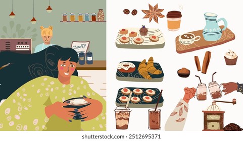 Vector hand-drawn set conveying a coffee aesthetic, with elements and people. 