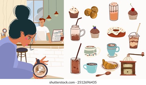 Vector hand-drawn set conveying a coffee aesthetic, with elements and people. 