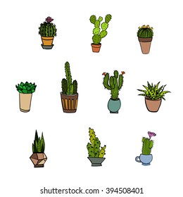 vector hand-drawn set of cute various cacti and succulents.Could be used as decorative elements, icons, invitations, textile prints.