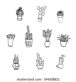 vector hand-drawn set of cute various cacti and succulents.Could be used as decorative elements, icons, invitations, textile prints.