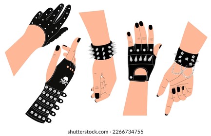 Vector hand-drawn set with gloved hands. Black motorcycle biker gloves with spikes and rivets.