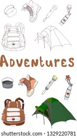 Vector hand-drawn set for hiking and tourism, backpack, lantern, tent, shoes