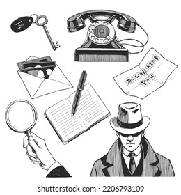 Vector hand-drawn set, with investigation details isolated on a white background. A sketch with a man in a hat and a collection of vintage attributes of the work of a private detective.