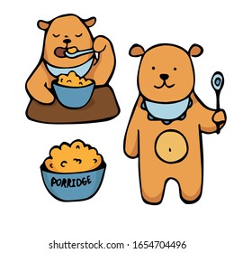 conjunto vectorial dibujado a mano aislado en un fondo blanco. los osos bebés comen avena