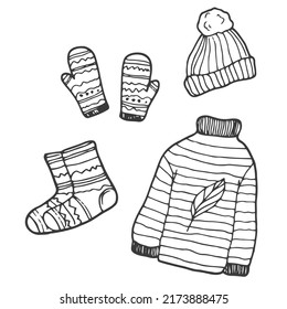 Vector hand-drawn set of knitted clothes. Hygge doodles - socks, mittens, woolen sweater, winter hat, knitting, warm scarf