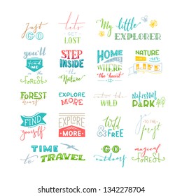 Vector hand-drawn set of lettering quotes about nature and wanderlust. Step inside the nature. Home is where the heart is. Wild and free. Can be used for inspirational poster, apparel, banner design.