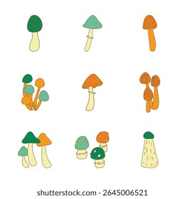 A vector hand-drawn set of mushrooms. Doodle illustration with toadstool and fly agaric.