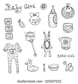 Vector hand-drawn set for a newborn baby girl. Various objects: baby toys, baby clothes, pacifier, baby dishes. On a white background