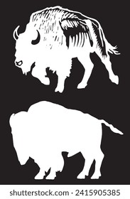 Vector hand-drawn set ofsilhouettes of bisons on black , graphical illustration	