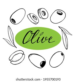vector hand-drawn set of olives. Black contour olive fruit and twigs with leaves