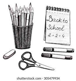 vector hand-drawn set of  pencils, brushes, gum, notebook, markers, scissors