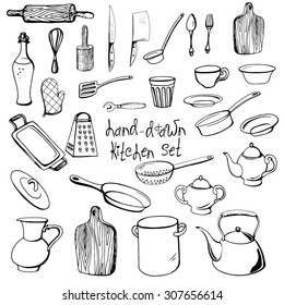 Vector hand-drawn set of rustic kitchen dishes in sketch style.