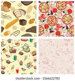 Vector hand-drawn set of seamless Texture Design with Meal. Food and ingredients background for menu, kitchen textile, banners, print, design, back surface, packaging. 