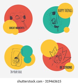 Vector hand-drawn set of selfie with people in romantic place with smartphone and monopode. EP10.