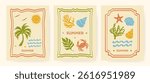 Vector hand-drawn set of summer or beach-themed posters and cards. Features abstract modern designs with palm trees, the sun, seashells, a crab, coral, and ocean waves. Retro travel-inspired graphics.