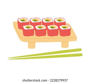 Conjunto vectorial de rollos de sushi dibujados a mano en un estrado. Cocina asiática tradicional con un fondo blanco.