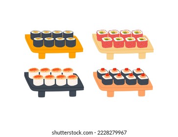 Vector hand-drawn set of sushi rolls with various fillings of seafood and vegetables on a stand. Traditional Asian food on a white background.