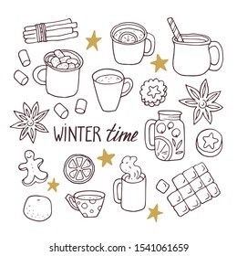 Vector hand-drawn set with winter things and objects and hand lettering Winter time on white background