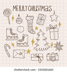 Vector hand-drawn set with winter things and objects and hand lettering Merry Christmas.