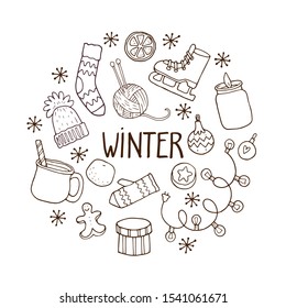 Vector hand-drawn set with winter things and objects and hand lettering Winter